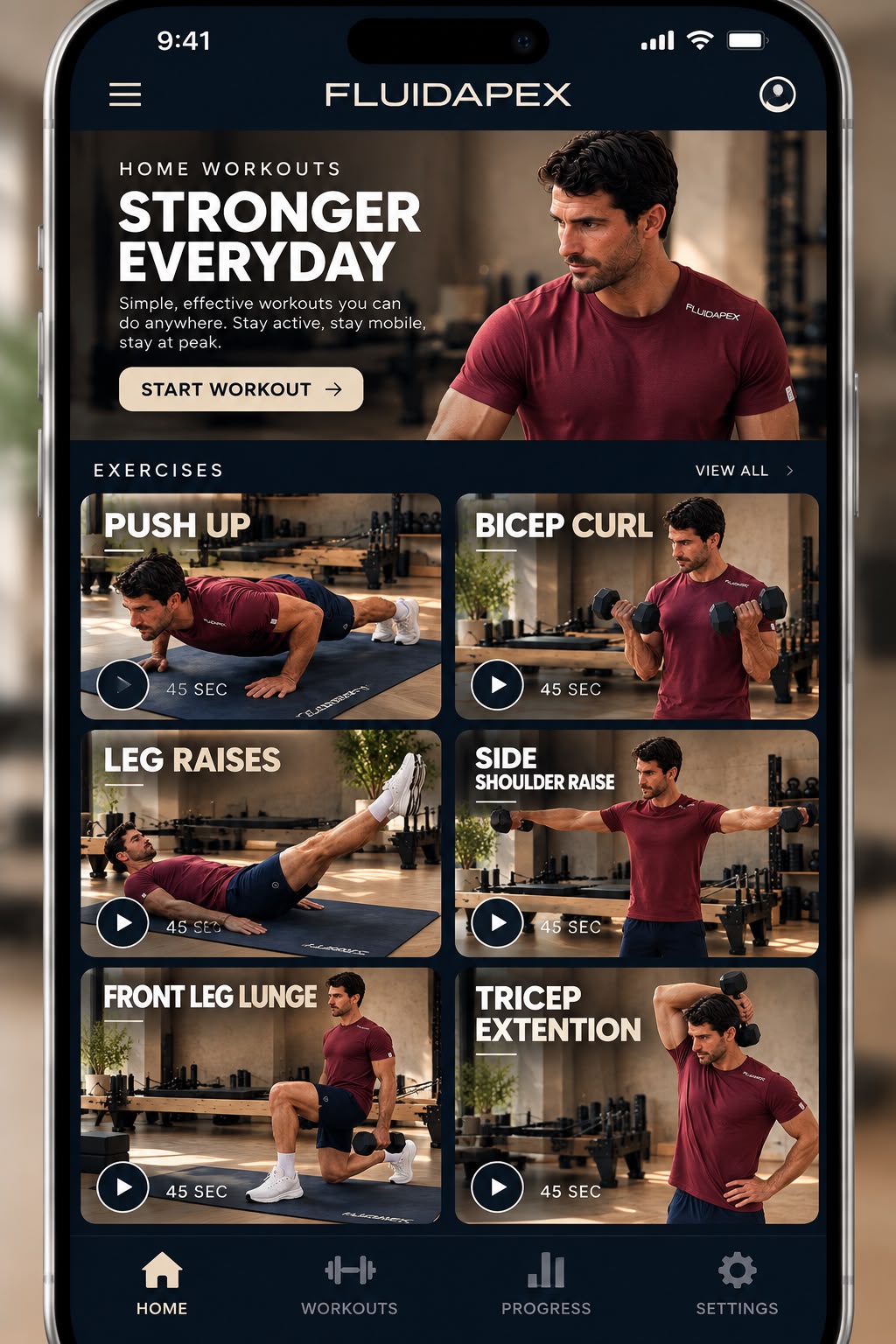 Fluid Apex app — Home Workouts screen